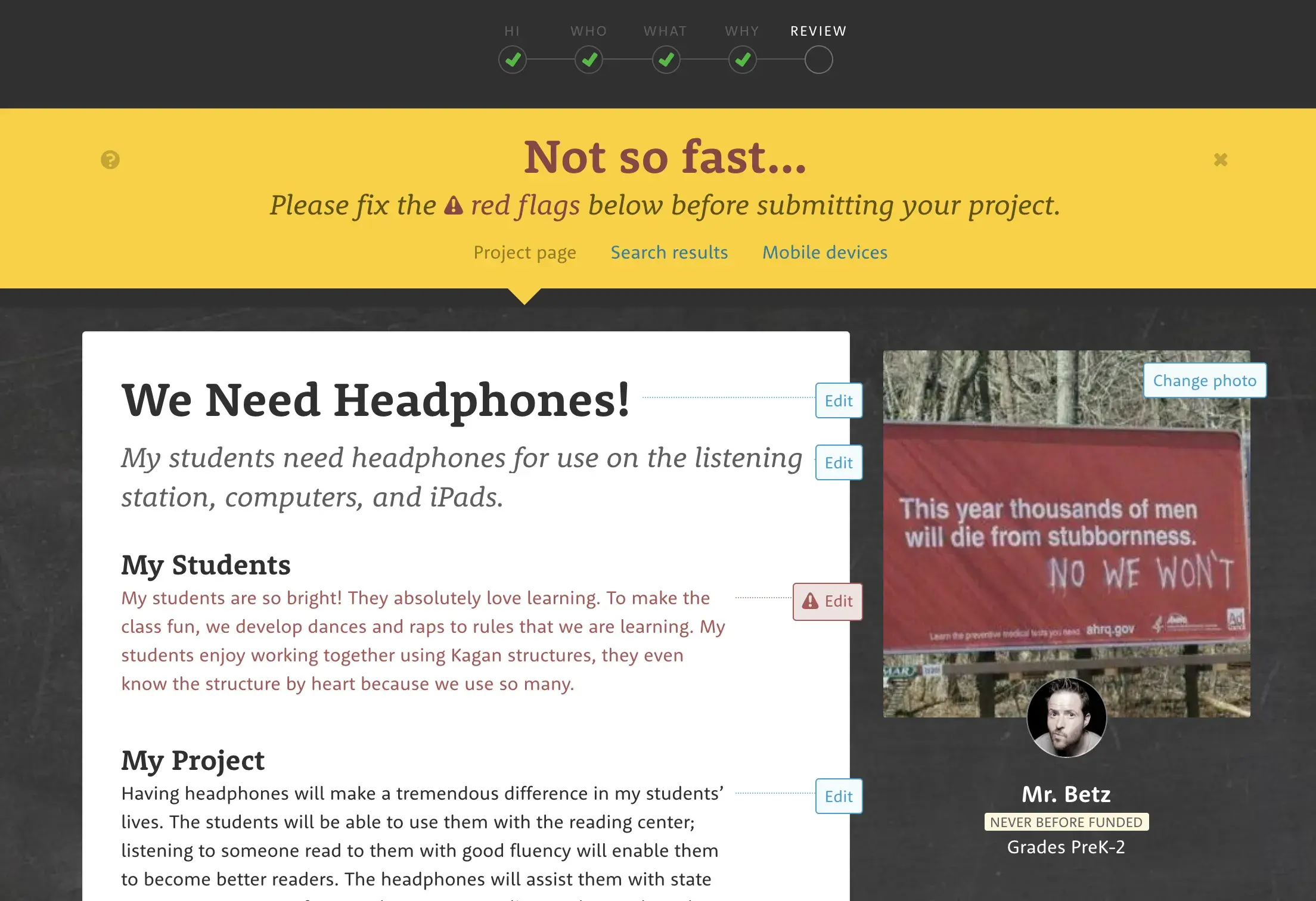 Screenshot of the editable preview as the last step of project creation